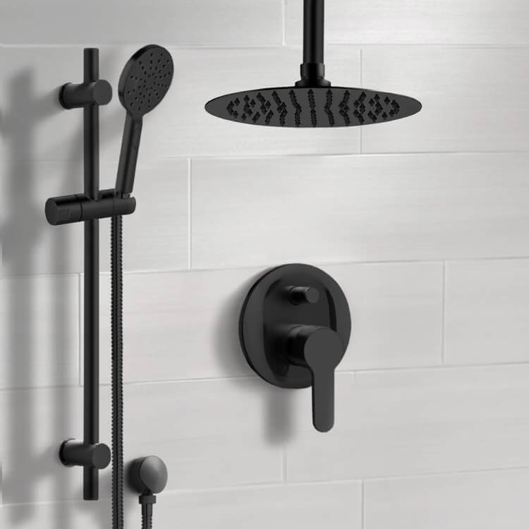 Remer SFR58-10 Matte Black Ceiling Shower Set with 10 Inch Rain Shower Head and Multi Function Hand Shower